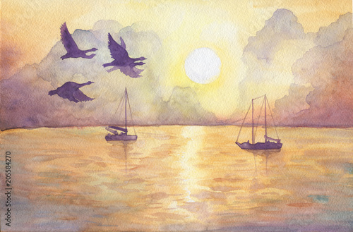 Obraz krajobraz z jachtami i latającymi ptakami; widok na morze, słońce, niebo o zachodzie słońca