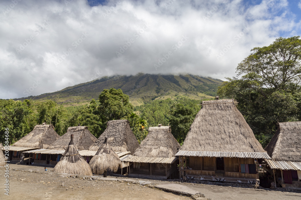 View of traditional houses and Mount Inerie in the Bena traditional village in Flores, Indonesia.
