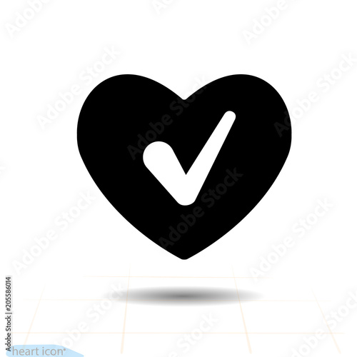 Heart vector black icon, Love symbol. Check mark in heart. Valentines day sign, emblem, Flat style for graphic and web design, logo. Tick symbol in black illustration