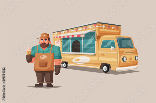 Retro street food van. Funny seller character. Cartoon vector illustration.