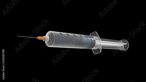 Medical Syringe on black background ready for injection of a medicine or vaccin, 3D Rendering