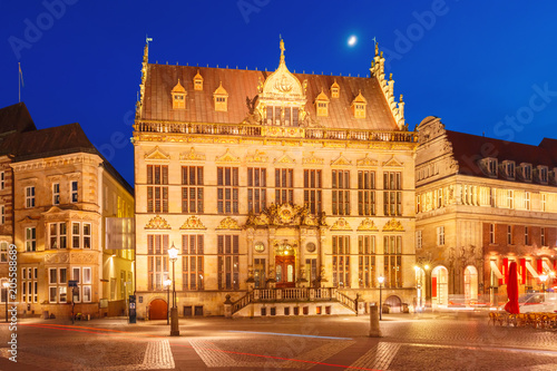 Ancient Bremen Market Square in the centre of the Hanseatic City of Bremen with Schutting at night, Germany