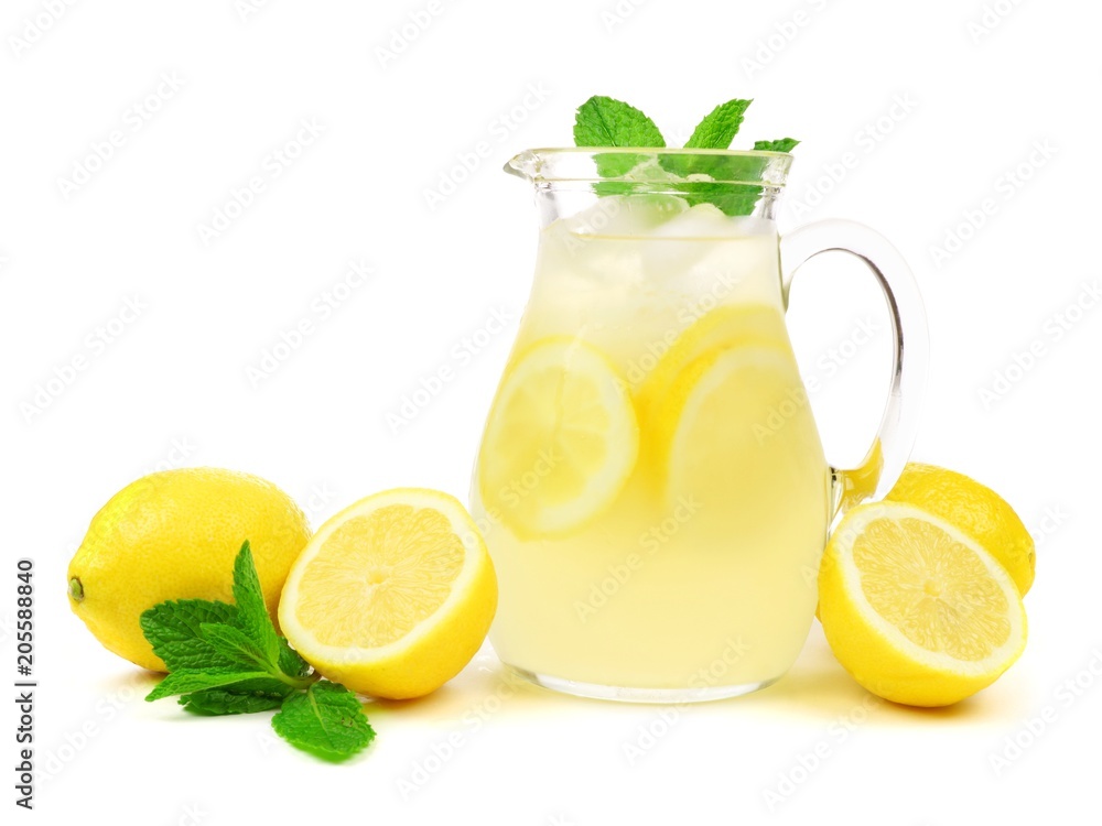 Jug of summer lemonade with lemons and mint isolated on a white background - obrazy, fototapety, plakaty 