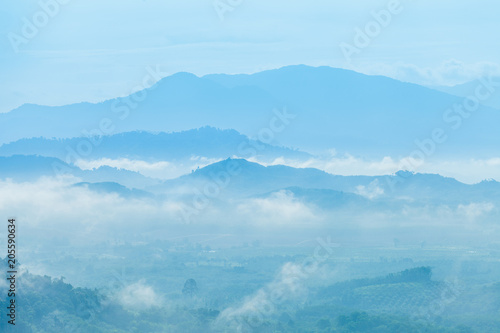 slow floating fog blowing cover on the top of mountain in Khao Kai Nui Phang Nga province look like as a sea of mist