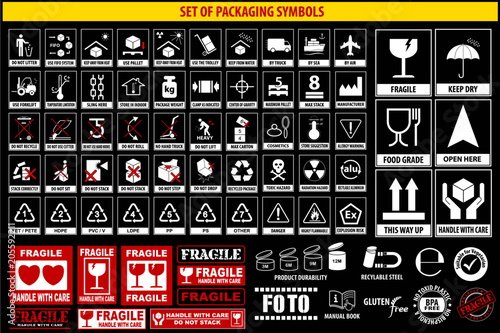 Set of packaging symbols, tableware, plastic, fragile symbols, cardboard symbols.(this side up, handle with care, fragile, keep dry, keep away from direct sunlight, do not drop, do not litter)