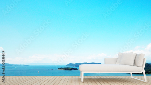 Daybed on terrace with sea view in hotel or condominium - Living area on island view and sea view - Simple design artwork for vacation time - 3D Rendering