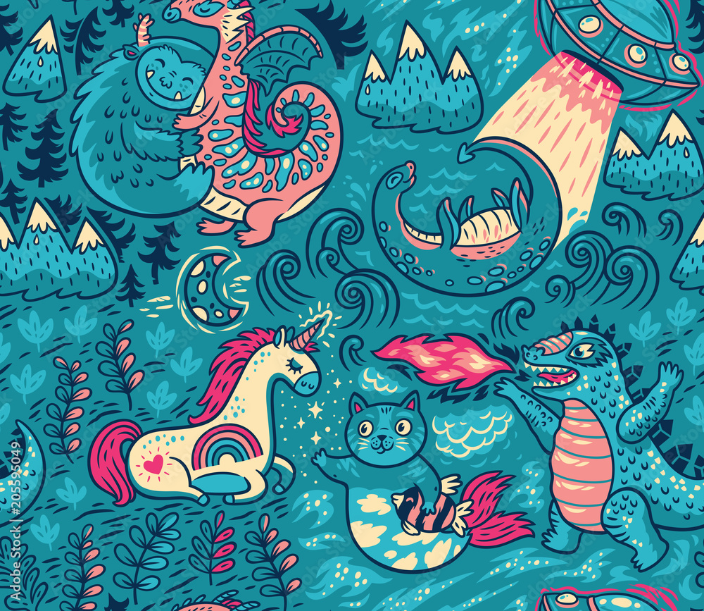 Fantastic creatures, animal pattern. Vector cute background