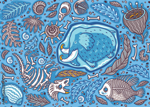 Seamless pattern with ancient fossils, bones, leaves and skeletones set in cartoon style. Vector illustration