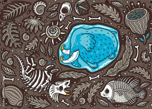 Seamless pattern of cartoon Triceratops fossil, mammoth in ice, ancient ammonites ferns, trilobite, leaves and rocks.