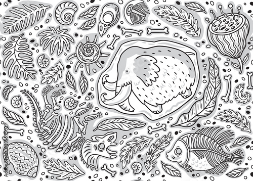 Seamless pattern of dino fossil, mammoth in ice, ancient ammonites ferns, trilobite, leaves and rocks in contour.