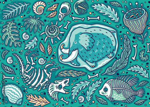 Seamless pattern of cartoon Triceratops fossil, mammoth in ice, ancient ammonites ferns, trilobite, leaves and rocks.