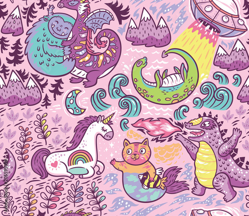 Fantastic creatures, animal pattern. Vector cute background