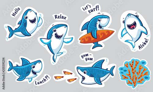 Sticker set with funny sharks in cartoon style. Vector illustration