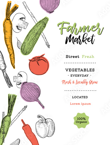 Vegetables farmer market sketch poster. Vector design template of fresh veggies and natural farm organic.