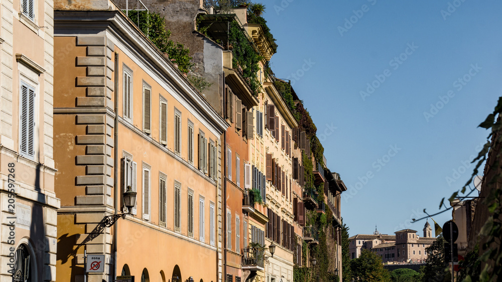 Row of vibrant, classic Italian buildings in Rome, Italy