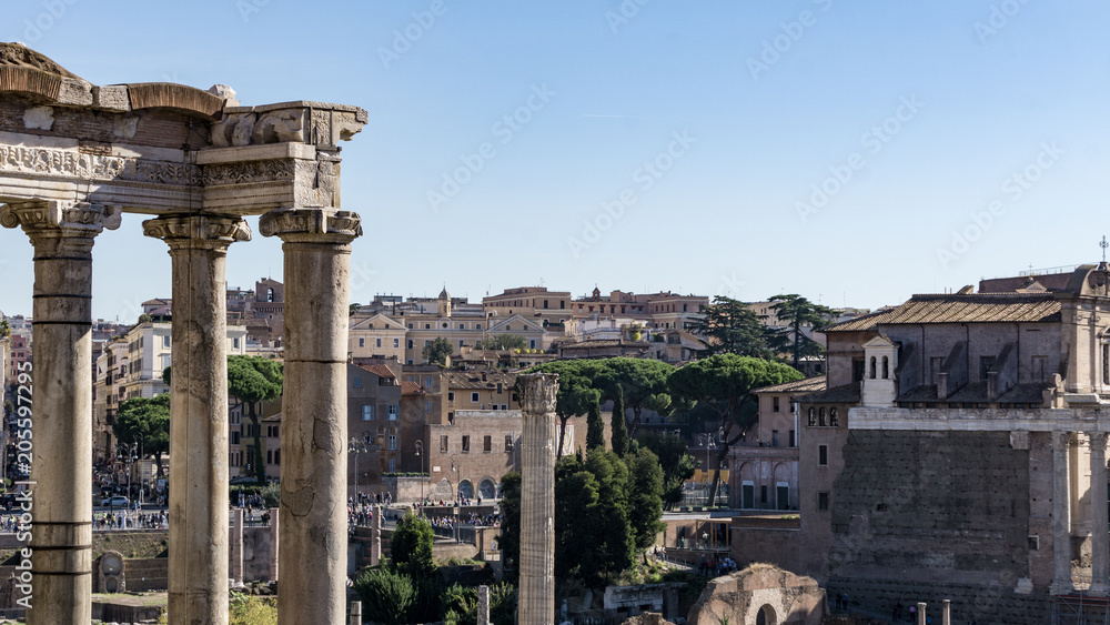 View of the Temple of Saturn and the Roman Forum, Rome, Italy