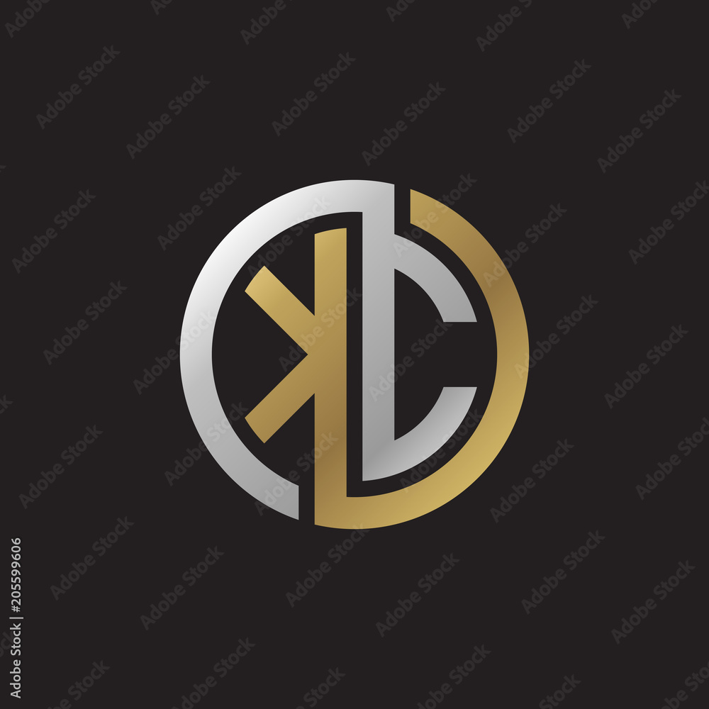 Initial letter KC, looping line, circle shape logo, silver gold color on black background Initial letter KC, looping line, circle shape logo, silver gold color on black background