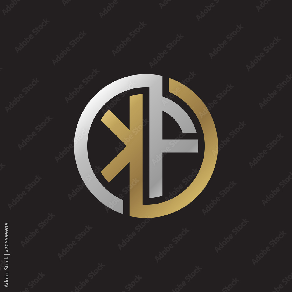 Initial letter KF, looping line, circle shape logo, silver gold color on black background Initial letter KF, looping line, circle shape logo, silver gold color on black background