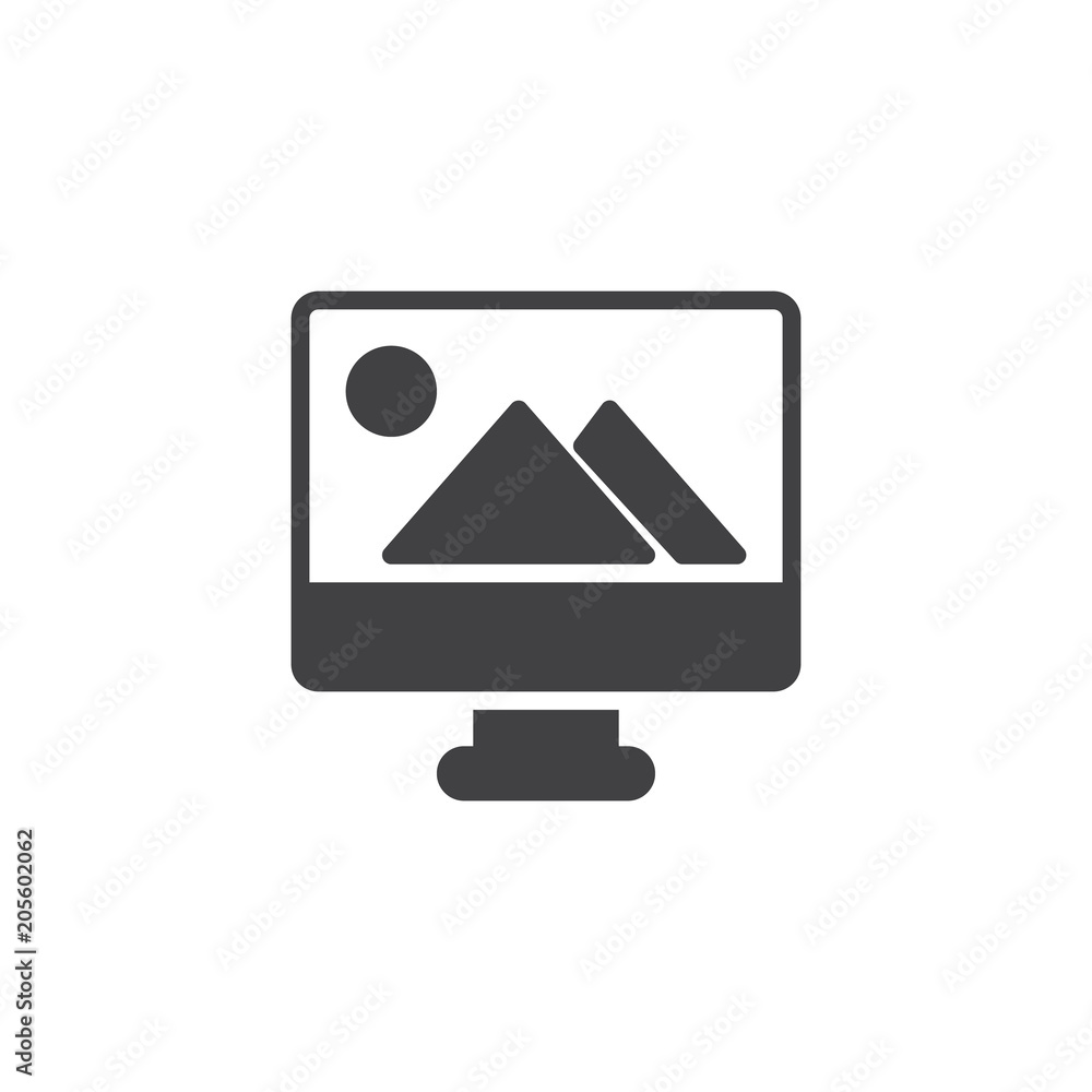Landscape picture on computer monitor vector icon. filled flat sign for mobile concept and web design. Photo on display simple solid icon. Symbol, logo illustration. Pixel perfect vector graphics Landscape picture on computer monitor vector icon. filled flat sign for mobile concept and web design. Photo on display simple solid icon. Symbol, logo illustration. Pixel perfect vector graphics