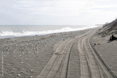Tread marks of car tires on the beach, road