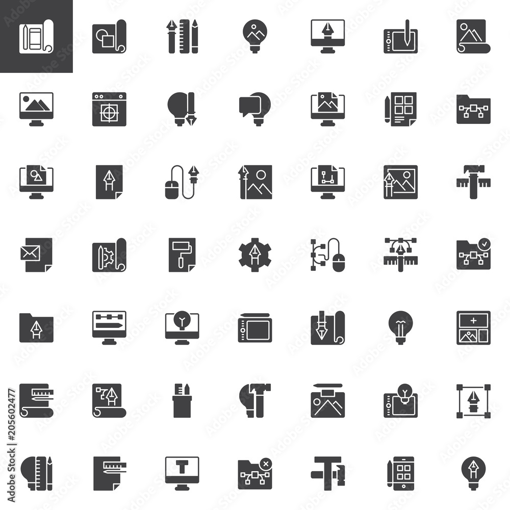 Creativity and design vector icons set, modern solid symbol collection, filled style pictogram pack. Signs, logo illustration. Set includes icons as Workflow, Planning, Design tool, Idea, Computer Creativity and design vector icons set, modern solid symbol collection, filled style pictogram pack. Signs, logo illustration. Set includes icons as Workflow, Planning, Design tool, Idea, Computer