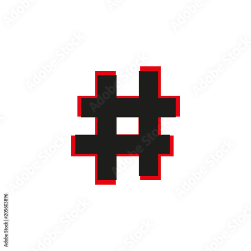 Black flat Hashtag icon with long shadow on white background