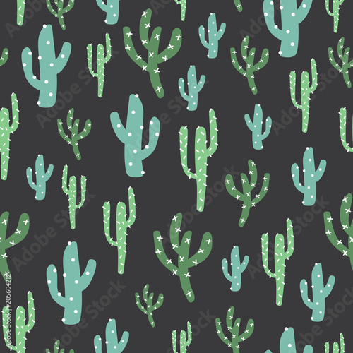 Green cactus in dark background. A playful, modern, and flexible pattern for brand who has cute and fun style. Repeated pattern. Happy, bright, and magical mood.