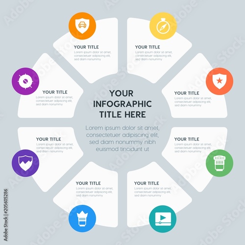 Circle chart location, security, video, photos infographic template with 8 options for presentations, advertising, annual reports