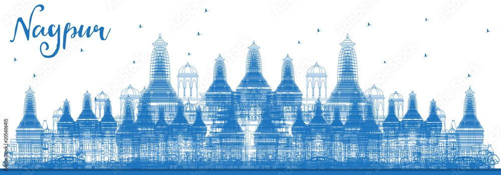 Outline Nagpur India Skyline with Blue Buildings.