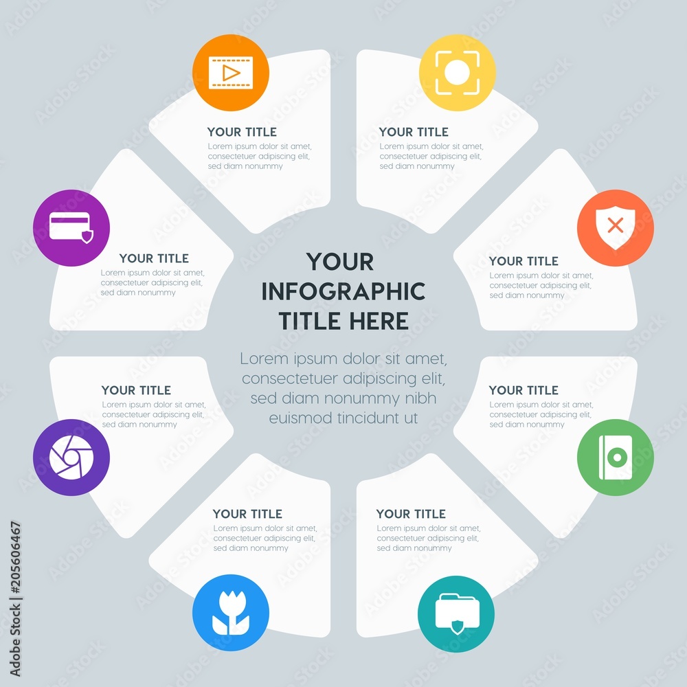 Circle chart location, security, video, photos infographic template with 8 options for presentations, advertising, annual reports Circle chart location, security, video, photos infographic template with 8 options for presentations, advertising, annual reports