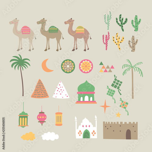 Middle east, eid mubarak, ramadhan graphic set. A playful, modern, and flexible print for brand who has cute and fun style. Happy, bright, and magical mood.