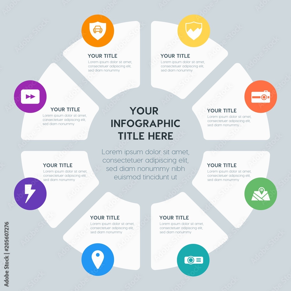 Circle chart location, security, video, photos infographic template with 8 options for presentations, advertising, annual reports Circle chart location, security, video, photos infographic template with 8 options for presentations, advertising, annual reports