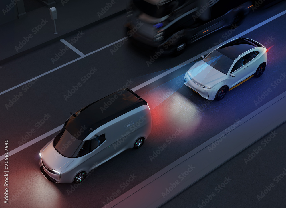 White SUV emergency braking to avoid car crash. Automatic Emergency Braking (Emergency brake system) concept. Night scene. 3D rendering image. White SUV emergency braking to avoid car crash. Automatic Emergency Braking (Emergency brake system) concept. Night scene. 3D rendering image.