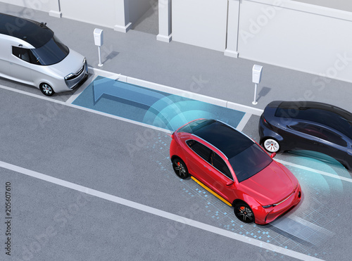 Autonomous SUV is parallel parking into parking lot at roadside. Left-hand traffic scene. Intelligent Parking Assist System concept. 3D rendering image.