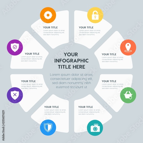 Circle chart location, security, video, photos infographic template with 8 options for presentations, advertising, annual reports