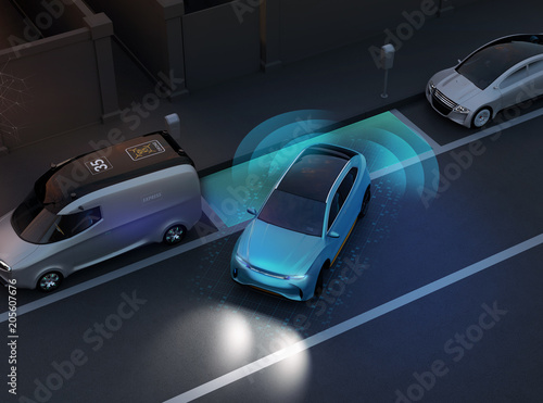 Photography Autonomous SUV is parallel parking into parking lot at roadside