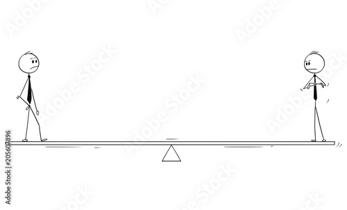 Cartoon stick man drawing conceptual illustration of two businessmen partners or competitors standing on balance scale. Business concept of competition.