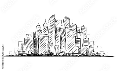 Vector artistic sketchy pen and ink drawing illustration or sketch of generic city high rise cityscape landscape with skyscraper buildings.
