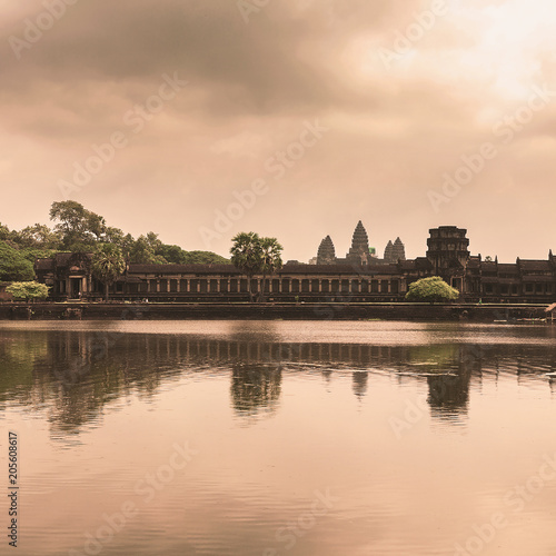 Angkor Wat temple with reflecting in water. Panoramic view