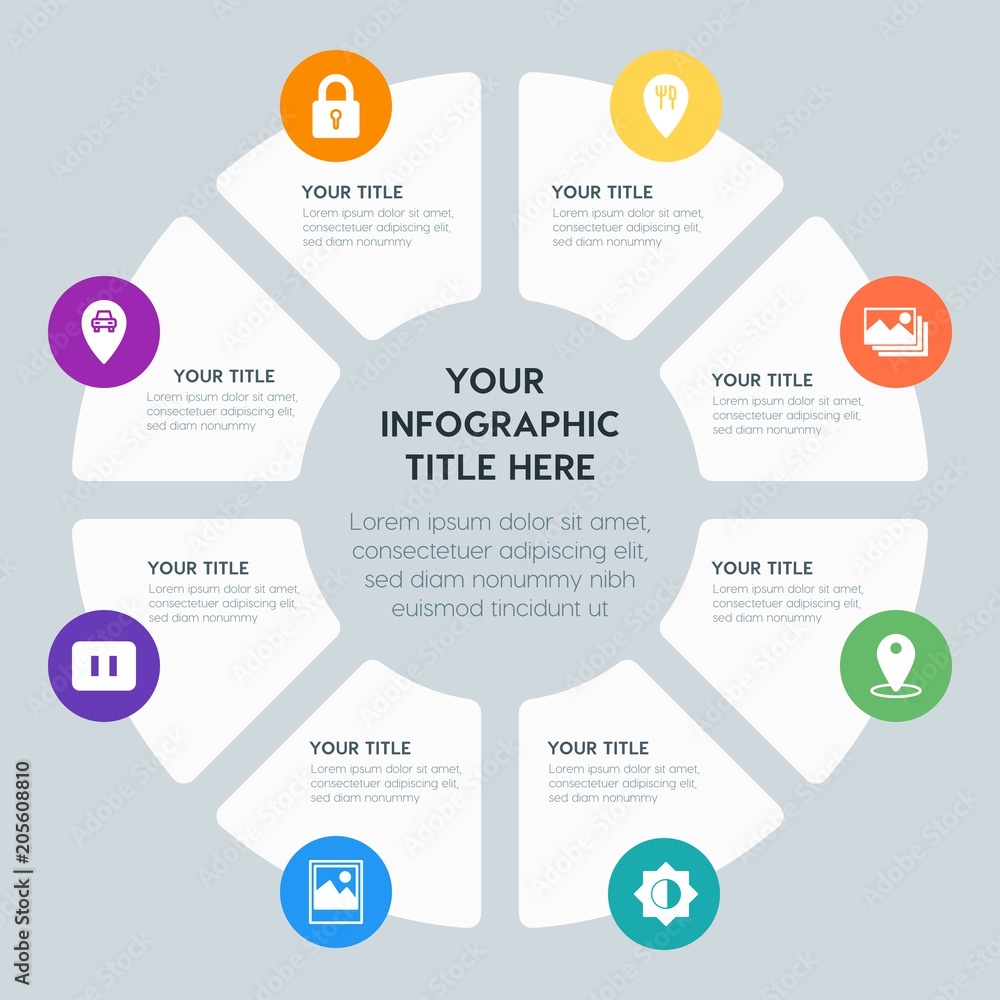 Circle chart location, security, video, photos infographic template with 8 options for presentations, advertising, annual reports Circle chart location, security, video, photos infographic template with 8 options for presentations, advertising, annual reports