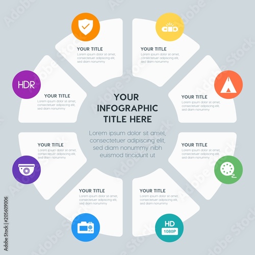 Circle chart location, security, video, photos infographic template with 8 options for presentations, advertising, annual reports