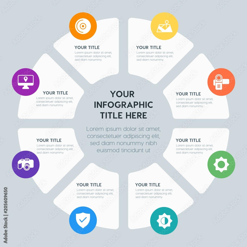 Circle chart location, security, video, photos infographic template with 8 options for presentations, advertising, annual reports Circle chart location, security, video, photos infographic template with 8 options for presentations, advertising, annual reports