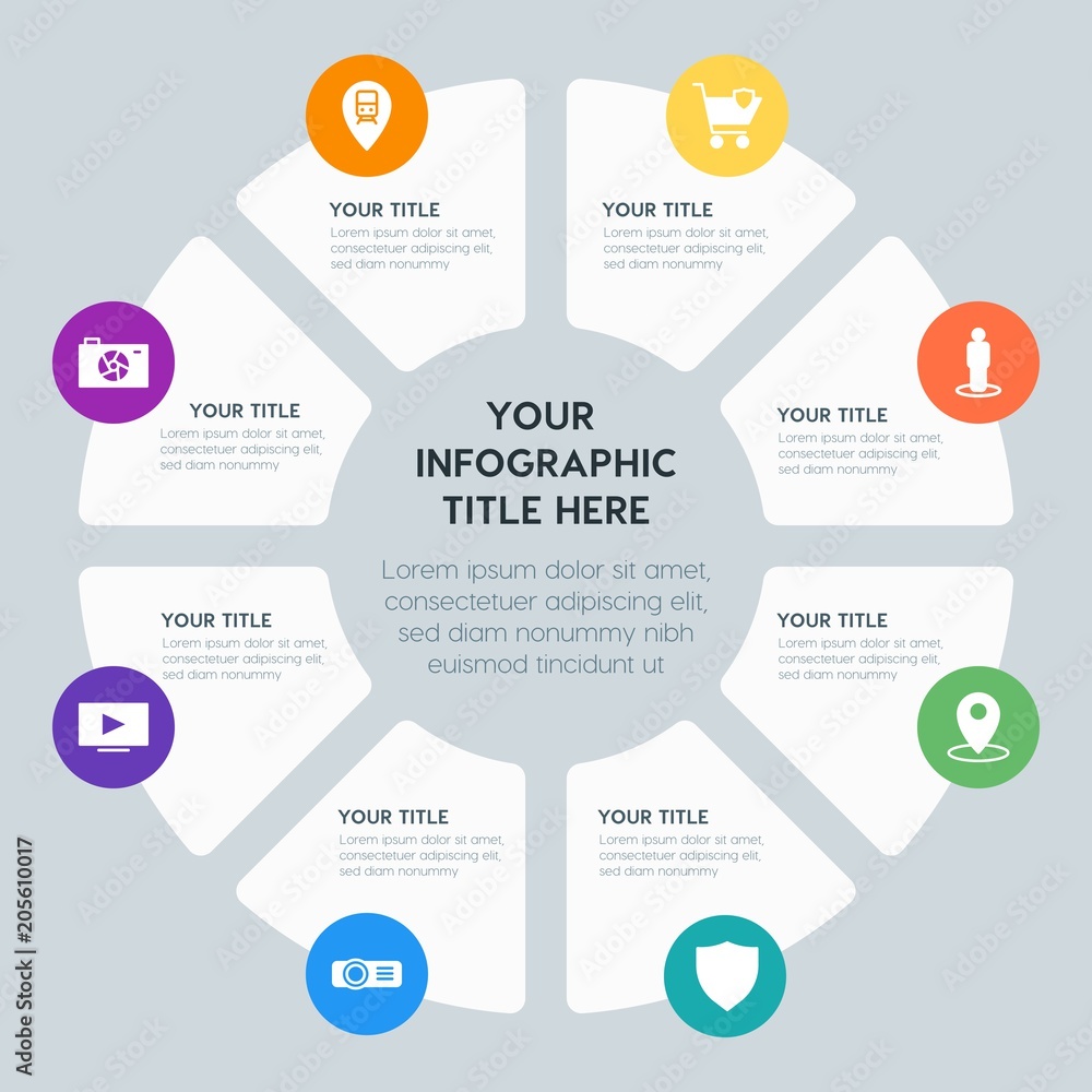 Circle chart location, security, video, photos infographic template with 8 options for presentations, advertising, annual reports Circle chart location, security, video, photos infographic template with 8 options for presentations, advertising, annual reports