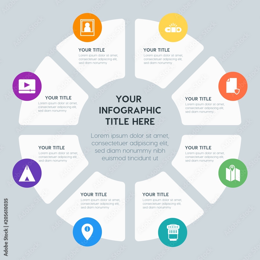 Circle chart location, security, video, photos infographic template with 8 options for presentations, advertising, annual reports Circle chart location, security, video, photos infographic template with 8 options for presentations, advertising, annual reports