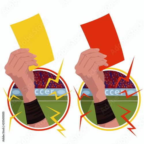 Set of round emblems or stickers with close up of soccer referee hand holding yellow card and football umpire hand holding red card. Realistic cartoon style