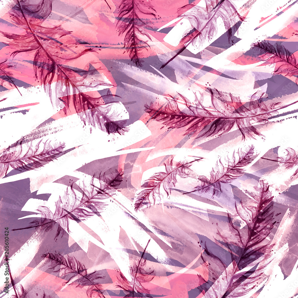Obraz Akwarela bezszwowe tło z piękne rysunki różowy, fioletowy, bzu piór. Vintage ilustracji z abstrakcyjnym klejem różowy farby. Do tekstyliów, materiałów, tapet i innych wzorów.
