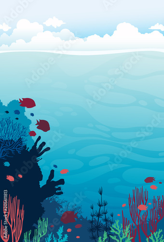 Coral reef, fish, sea and clousdy sky. Underwater ocean.