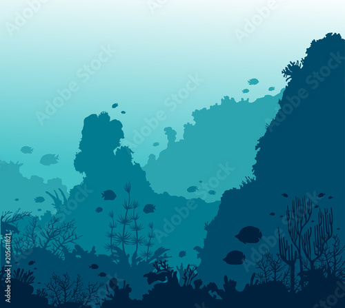 Coral reef, fish and underwater sea.