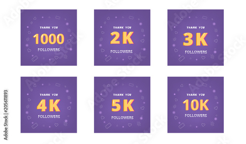 Set of followers thank you cards. Vector illustration.