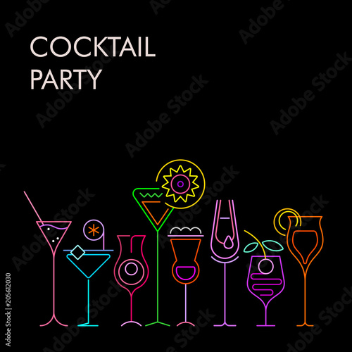 Neon colors isolated on a black background Cocktails vector illustration. Cocktail Party banner design.